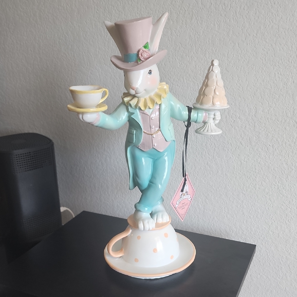 Tophat & Tail Mad Hatters Charming Rabbit Figurine with Tea Set & Macaron Tree